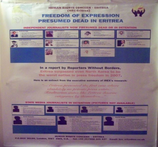 A Poster about the Imprisoned and presumed dead journalists in Eritrea - by HRCE 